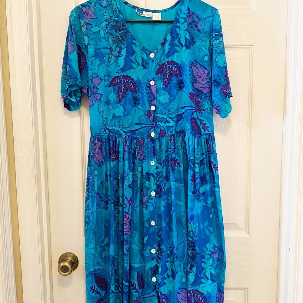 La Cera Cotton Dress, Blue Purple Floral Button-Front, Short Sleeve, size XL